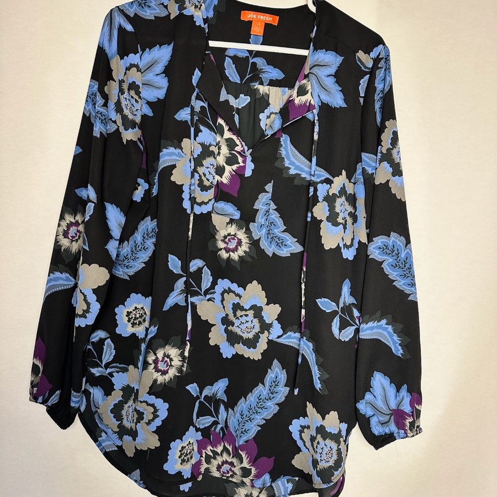 Joe Fresh Blouse Womens Large Blue Floral Long Sleeve Sheer Pullover Top